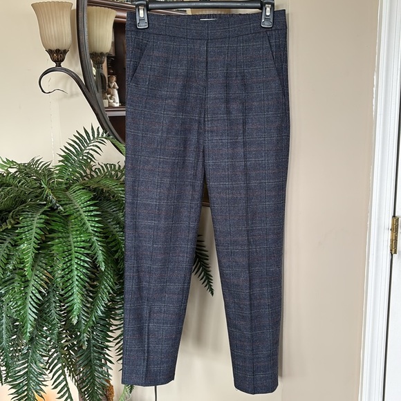 Babaton Aritzia Wool & Cashmere Blend Trousers Pull On Stretch Blue Plaid Pants - Picture 2 of 14